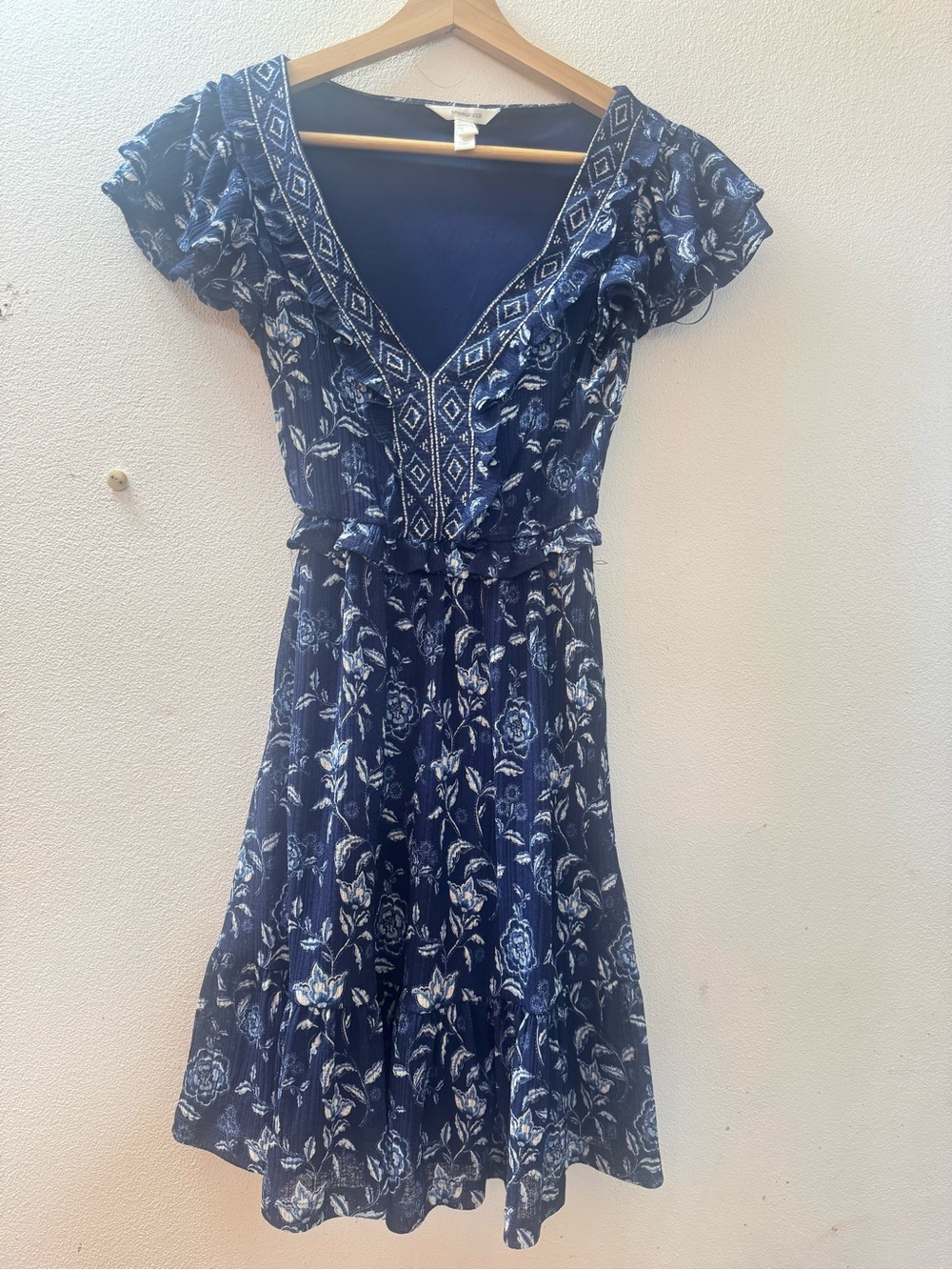 Floral V-Neck Ruffle Midi Dress in Navy